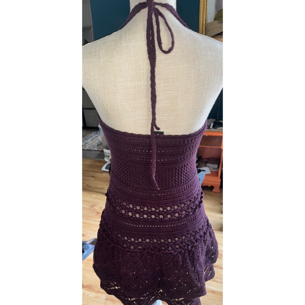 Moda International Purple Crochet Halter Top Tiered Ruffle Hem Boho Festival M - Picture 4 of 7